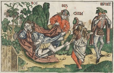 ノアの酩酊、c.1483-95（手彩色の木版画） 作： Unknown artist