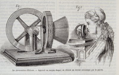 エジソンのフォノメーターは、1878年の「ネイチャー」誌に掲載されたスピーチによって、機械的な仕事を得ることができる装置です。 作： Unknown artist