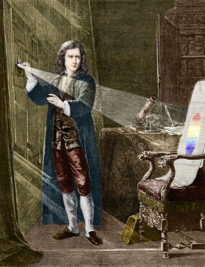 イギリスの物理学者アイザック・ニュートン（1642-1727）は、ガラスのプリズムで光を分解した。1880年の版画。 作： Unknown artist