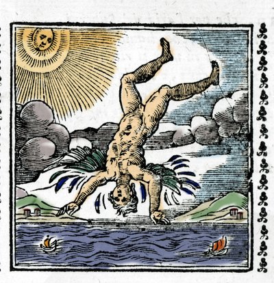 The Fall of Icarus - イカルスの落下。カラフルなキシログラフィー。16世紀の作品。 作： Unknown artist