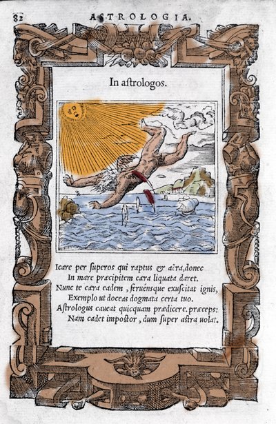 The Fall of Icarus - イカルスの落下。16世紀のカラフルなXylography。 作： Unknown artist