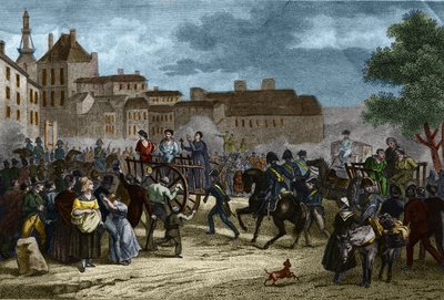 スカフォに導かれた4人の軍曹：1822年、王政とギロチンを覆そうとしたとして、維新の下で告発されたラ・ロシェルの4人の軍曹（ボリーズ、ポミエ、ラウルクス、グーダン）たち。彼らの罪は、シャルボネリー（カルボネール）に所属していたことです。 作： Unknown artist