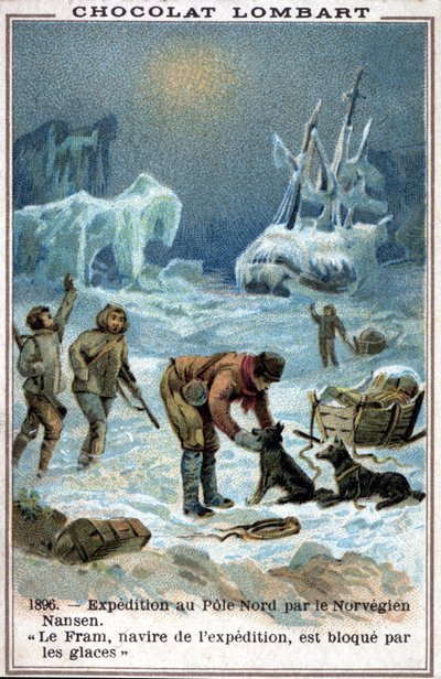 1896年、北極海の氷に埋もれたノルウェーの探検家、フリットヨフ・ナンセンの船「フラム号」。 作： Unknown artist