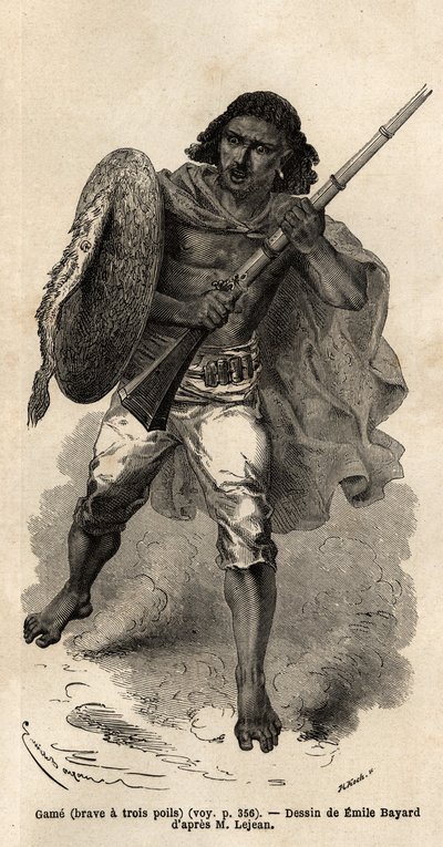 ゲーム、または勇者は三毛作、アビシニアンの銃兵。1862年、エドゥアール・シャルトンの指導のもとに出版された「Le tour du monde, nouveau journal des voyages」に掲載されたギヨーム・ルジャンによるアビシニアへの航海を示すためのエングレーヴ。 作： Unknown artist