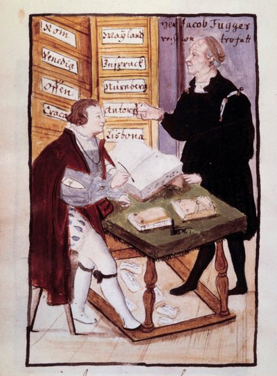 ドイツの銀行家Jacob Fugger（1459-1525）のオフィス（Goldene Schreibstube）と、ドイツ人会計士Matthaus Schwarz（1497-1574年頃）の水彩画（16世紀）。BN、パリ 作： Unknown artist