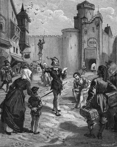 ドイツの騎士、詩人、ヒューマニストであるウルリッヒ・フォン・ヒュッテン（1488-1523）が路上で自作の詩を宣言している様子。19世紀のエングレーヴィング。ジュール・ミシュレの『フランス史』には 作： Unknown artist