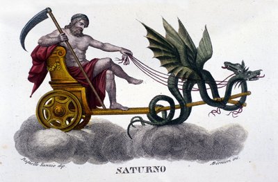 2頭のドラゴンが発射する戦車に乗ったサトゥルヌス神（クロノス）。ラファエロ・サンツィオ（Raffaello Sanzio）のイラストより。19世紀のエングレーヴィング。 作： Unknown artist