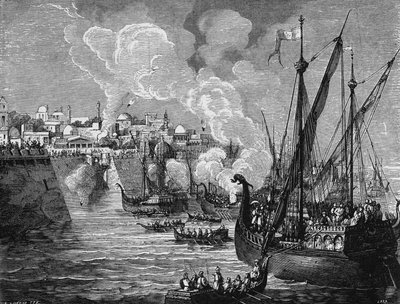 1453年、ムハンマド2世によるコンスタンティノープル包囲戦で、包囲者と被包囲者が使用したギリシャの火。科学のアルバム」エディシオン・ジュベにて 作： Unknown artist