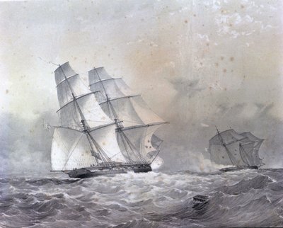 ネグリエ・ガブリエル号を追いかける16門のHMS Acorn brigantine 作： Unknown artist