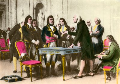 イタリアの物理学者アレッサンドロ（アレクサンドル）・ボルタ（1745-1827）が、ナポレオン・ボナパルトに杭を贈る。1801年 個人蔵 作： Unknown artist