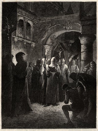 白い懺悔服を着たフランス王アンリ3世（1551-1589）」1585年3月23日に王が制定したConfrerieの行列（白い懺悔服を着たフランス王アンリ3世の行列）。 作： Unknown artist