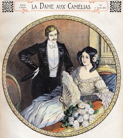 アレクサンドル・デュマJr.の「カメリアの女」は、小説誌後の19世紀末に描かれた挿絵です。 作： Unknown artist