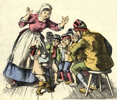 小さなプーレとその兄弟は、両親のもとに帰る。シャルル・ペローの「Le Pepetit Poucet」という物語の挿絵 作： Unknown artist