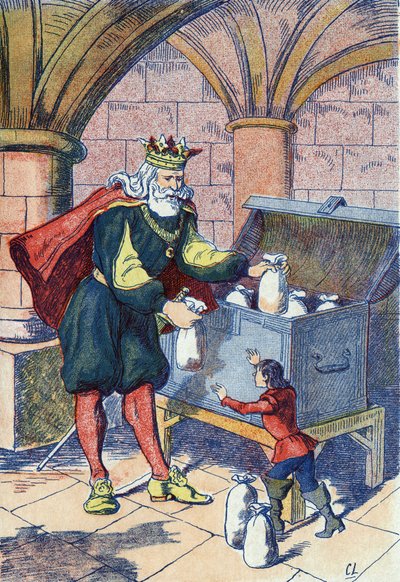 小さなプーレットは、王様から償いを受ける。フランスの作家、シャルル・ペロー（1628-1703）の物語「Le Pepetit poucet」の挿絵。匿名のイラスト。イメージ：Marcel Vagne, Jarville Nancy, undated (19世紀後半). 作： Unknown artist