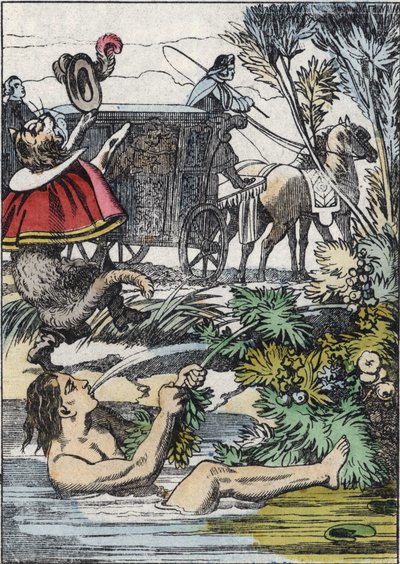 カラバ侯爵は溺れるふりをし、長靴の猫は助けを求めます。シャルル・ペローの物語「長靴をはいた猫」の挿絵 作： Unknown artist