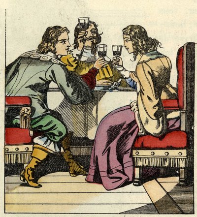 カラバ侯爵は、お姫様と王様をお城での食事に招待します。シャルル・ペローの物語「猫のボッテ」の挿絵 作： Unknown artist