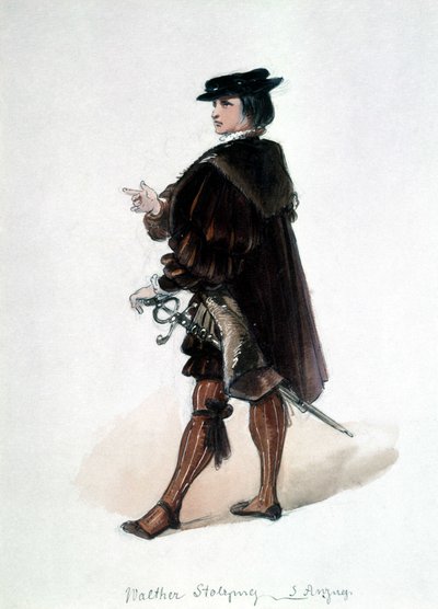 リヒャルト・ワーグナーのオペラ「ニュルンベルクのマイスタージンガー（Die Meistersinger von Nürnberg）」：ワルテル・フォン・シュトルツィングによる初演時の衣装バイロイトのワーグナー博物館。 作： Unknown artist