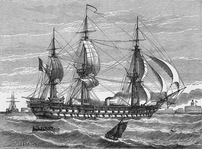 1849年にル・アーブルで進水したデュピュイ・ド・ロムとモンが建造した混合船（プロペラ帆船）「ナポレオン」。科学のアルバム」（ジュベ社）より 作： Unknown artist
