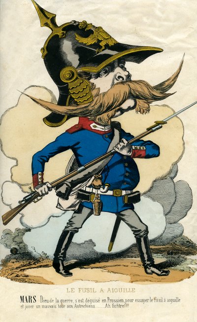 The Needle Rifle - Otto Von Bismarck (1815-1898) プロイセン首相の肖像 - 戦争の神マルスは、プロイセン人としての自分を失望させて、ニードルライフルを試し、オーストリア人に悪いいたずらをした...。カリカチュア 作： Unknown artist