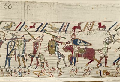 ノルマン人はハロルド王の味方をしていた人たちと戦い、殺していく、バイユータペストリー（リネンにウール刺繍 作： Unknown artist