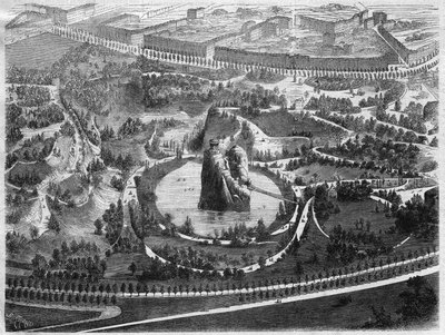 ナポレオン3世の主導で建設されたパリ19区の公共庭園「ビュット・ショーモン公園（Buttes-Chaumont）」は、オスマン男爵（Georges Eugene Haussmann 作： Unknown artist