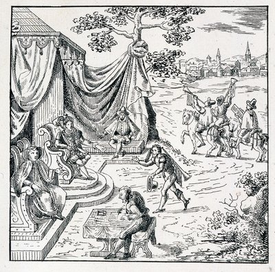 コンデ公はシャルル9世（1550-1574）から、王国内でのカルヴァン派の宗教活動を認める編集を受けた（1570年08月08日付サンジェルマンの和約） - 「フランスの災難を表す39体のフィギュアコレクション」にて 作： Unknown artist
