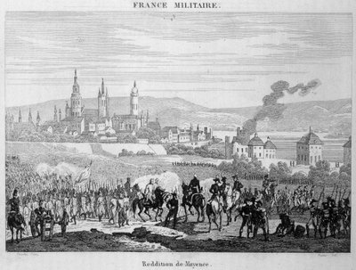 プロイセン軍がフランス軍からドイツのマインツ市（またはマインツ）を占領したのは1793年7月。19世紀のエングレーヴィング。 作： Unknown artist