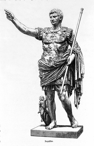 ローマ皇帝アウグストゥス（オクタヴィアン、Octavian）（紀元前63年～14年） 19世紀のエングレーヴィング。 作： Unknown artist