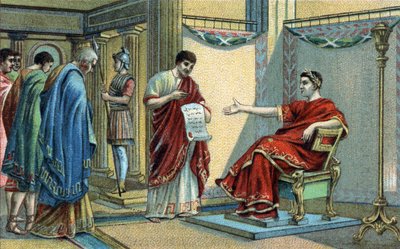 ローマ皇帝コンスタンティヌス（272-337）は、信仰の平等性に関する最初の宗教法を制定しました。19世紀末のクロモリソグラフィー。 作： Unknown artist
