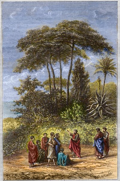 ピタゴラスの学校-クロトナの弟子たちの中のピタゴラス-1879年の彫刻-クロトナの陰影の下の哲学者ピタゴラスとその弟子たち-1879年の彫刻 作： Unknown artist