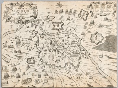 フェアファクス卿によるコルチェスター包囲戦、1648年にラインとアウトワークと一緒にあった時の様子（エングレーヴィング 作： Unknown artist