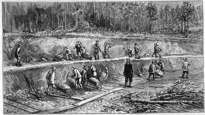シベリア鉄道。中国人労働者の現場。写真から）。1895年10月5日付の「La Nature: revue des sciences et de leurs applications aux arts et a l