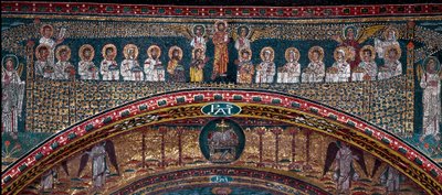 天空のエルサレムのビジョン。天使に迎えられる選ばれし者たち。その下には、神の子羊がいます。詳細830年頃のモザイク。ローマ、サンタ・プラッセーデ大聖堂の凱旋門 作： Unknown artist