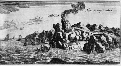 アイスランド沿岸のヴォルカ・ヘクラ - Johamm ZahnのMundi Mirabilis Oeconomiaにて。1696. 作： Unknown artist