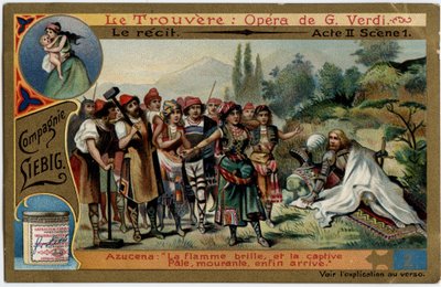 ジュゼッペ・ヴェルディ(1813-1901)のオペラ「見出人」(Il trovatore)の挿絵。19世紀末のリービッヒのクロモリトグラフィー（Chromo）。 作： Unknown artist
