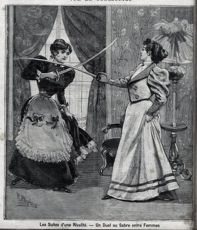 ライバルの余波：女性同士の剣の決闘。"Le Parisien "に掲載された版画 作： Unknown artist