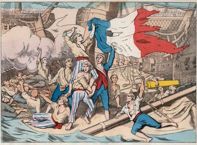 1794年6月1日、第二次世界大戦中の14プレーリアル海戦でイギリスの3隻の船に襲われた船「アヴェンジャー」の苦悩（6月2日 作： Unknown artist