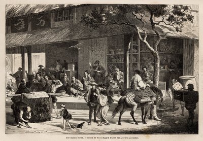家のアニメーションと街角の活動の様子。1863年から1864年にかけて、スイス連邦公使アイム・アンベールが行った日本への航海を説明するためのエングレーヴィング。 作： Unknown artist