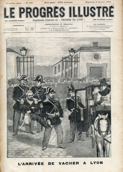 羊飼い殺し」のジョセフ・ヴァッチャー（1869-1898）が1898年にリヨンの刑務所に到着したときのこと-1898年1月9日の「The progressive-illustrious」の表紙 作： Unknown artist