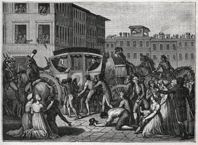 1799年、グルノーブルに到着した教皇ピウス6世（Giovanni Angelo Braschi dit Pius VI, PIO 1717-1799）の様子。1800年に制作されたエングレーヴィング。 作： Unknown artist