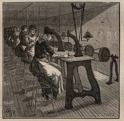 宝石細工の技術：ダイヤモンドのファセットと研磨。Adolphe BITARDの "Les arts et metiers illustres "に掲載された1885年のエングレーヴィング。 作： Unknown artist