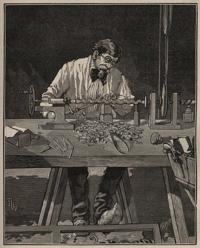 旋盤の技術：トルソーの柱のファソニング。Adolphe BITARDの "Les arts et metiers illustres "に掲載された1885年のエングレーヴィング。 作： Unknown artist