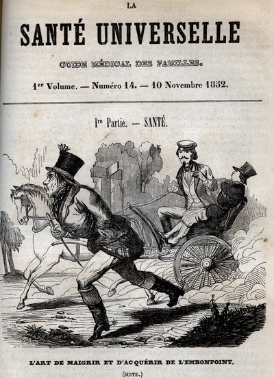 痩せる技術と太る技術：一人は歩き、もう一人は馬車で運ばれている - 1852年「La Sante Universelle - Guide Medical des Familles」に掲載された刻印 作： Unknown artist