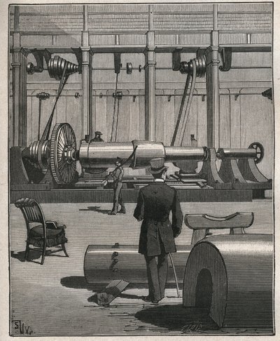 ツアーの芸術：鋼鉄製のモンスターキャノンを撃つ。Adolphe BITARDの "Les arts et metiers illustres "に掲載された1885年のエングレーヴィング。 作： Unknown artist
