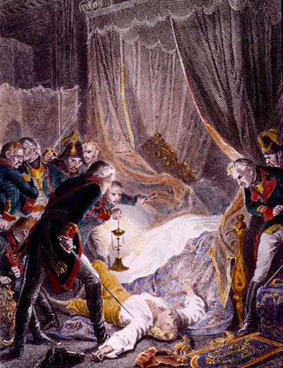 退位の署名を迫られたロシア皇帝ポール1世ペトロヴィッチ（1754-1801）が、聖ミカエル宮殿の自室で暗殺された場面。1801年頃のエングレーヴィング。個人蔵 作： Unknown artist