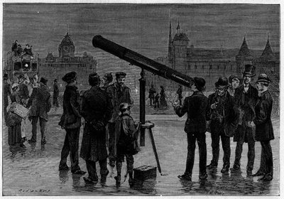 1889年2月、金星の観測時にパリのシャトレ広場にいた天文学者と彼の天文用ベゼル。La Nature.Revue des sciences et de ses applications aux arts a l