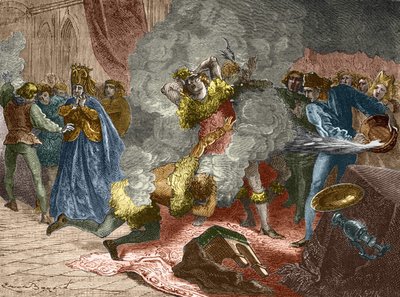 1393年1月28日、バイエルン出身のイザボー（イザベラ、エリザベス）夫人の結婚式の際、王は変装して他の4人の廷臣と鎖でつながれていた。弟のオルレ公爵 作： Unknown artist
