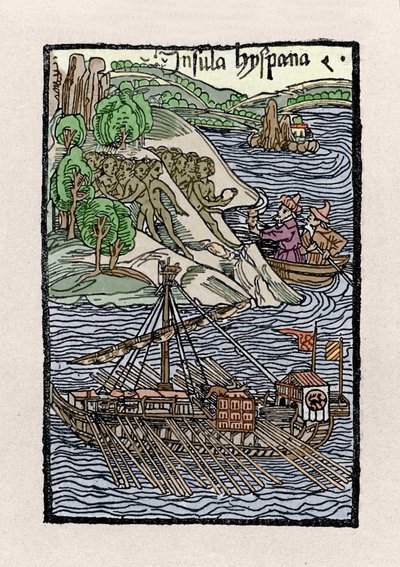 クリストファー・コロンブス(1451-1506)によるヒスパニオラ島でのバルカージュ。De insulis in mare Indico super inventis", Bale 1493-1494 (コロンブスのスペイン王への報告書のラテン語訳)からの挿絵。 作： Unknown artist