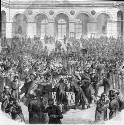 1865年、パリ証券取引所での為替代理人のバスケット。M.G.ルーが描いたものを元にしたエングレーヴィング 作： Unknown artist