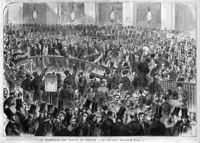 1867年、パリ証券取引所の取引所エージェントのバスケット。 作： Unknown artist